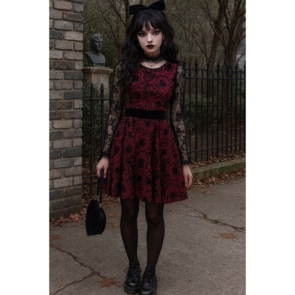 Gabby Skye Dress Size 4 Dark Pink With Velvet Floral Pattern Whimsy Goth - Picture 1 of 9